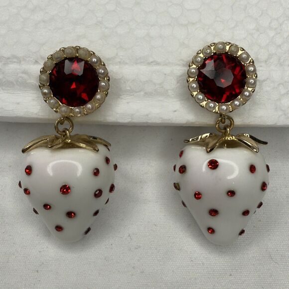 Betsey Johnson White Resin Strawberry Drop Earrings Red Crystal & Faux Pearl NWT - Picture 1 of 5